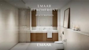 Beach Mansion at Emaar Beachfront by Emaar bathroom interior with walk in shower double vanity and elegant finishes in Dubai Presented by Tohid Fetrat