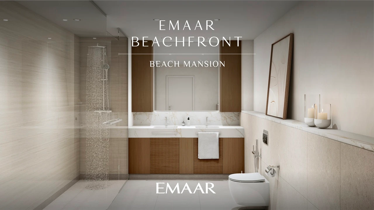 Beach Mansion at Emaar Beachfront by Emaar bathroom interior with walk in shower double vanity and elegant finishes in Dubai Presented by Tohid Fetrat