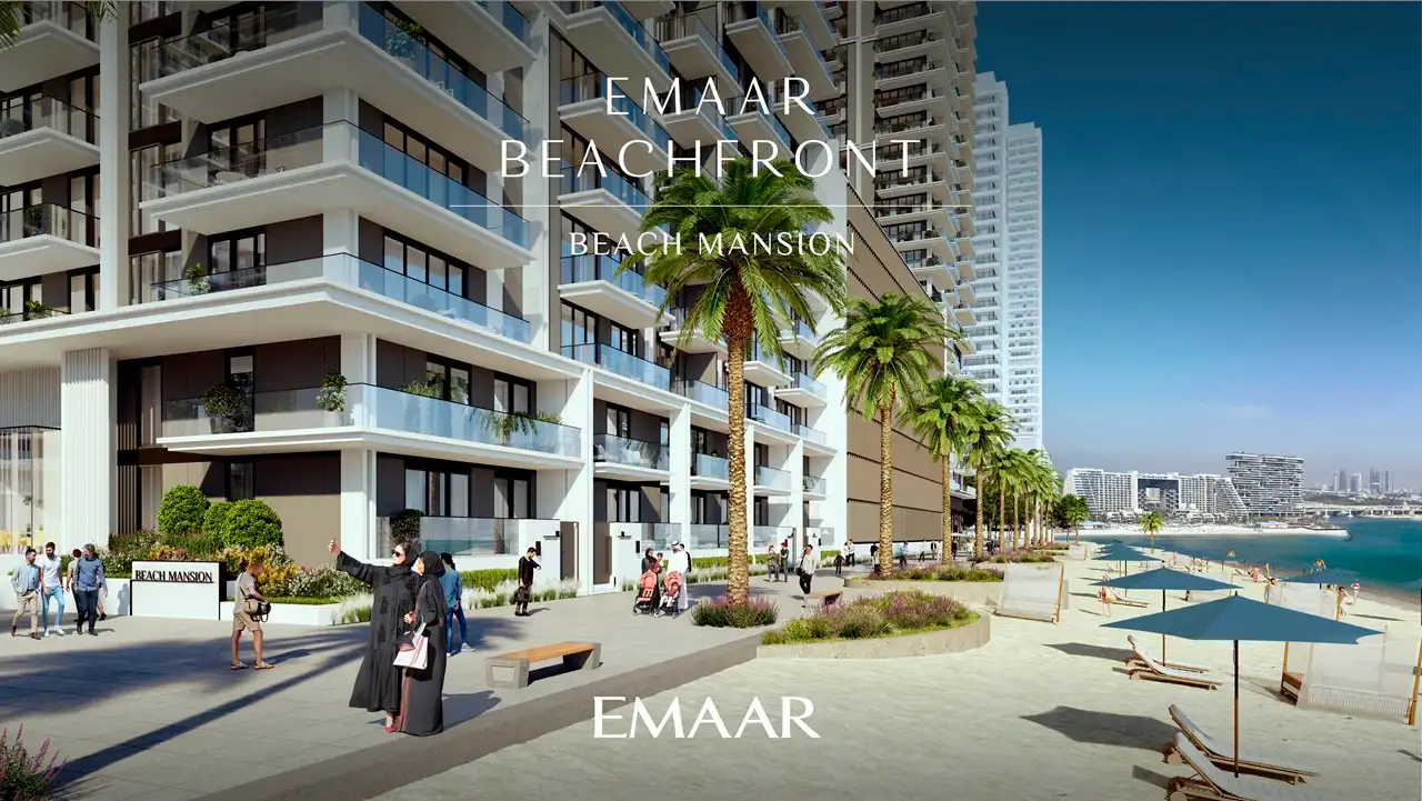 Beach Mansion at Emaar Beachfront by Emaar beachfront promenade with palm lined walkway and residential facade in Dubai Presented by Tohid Fetrat