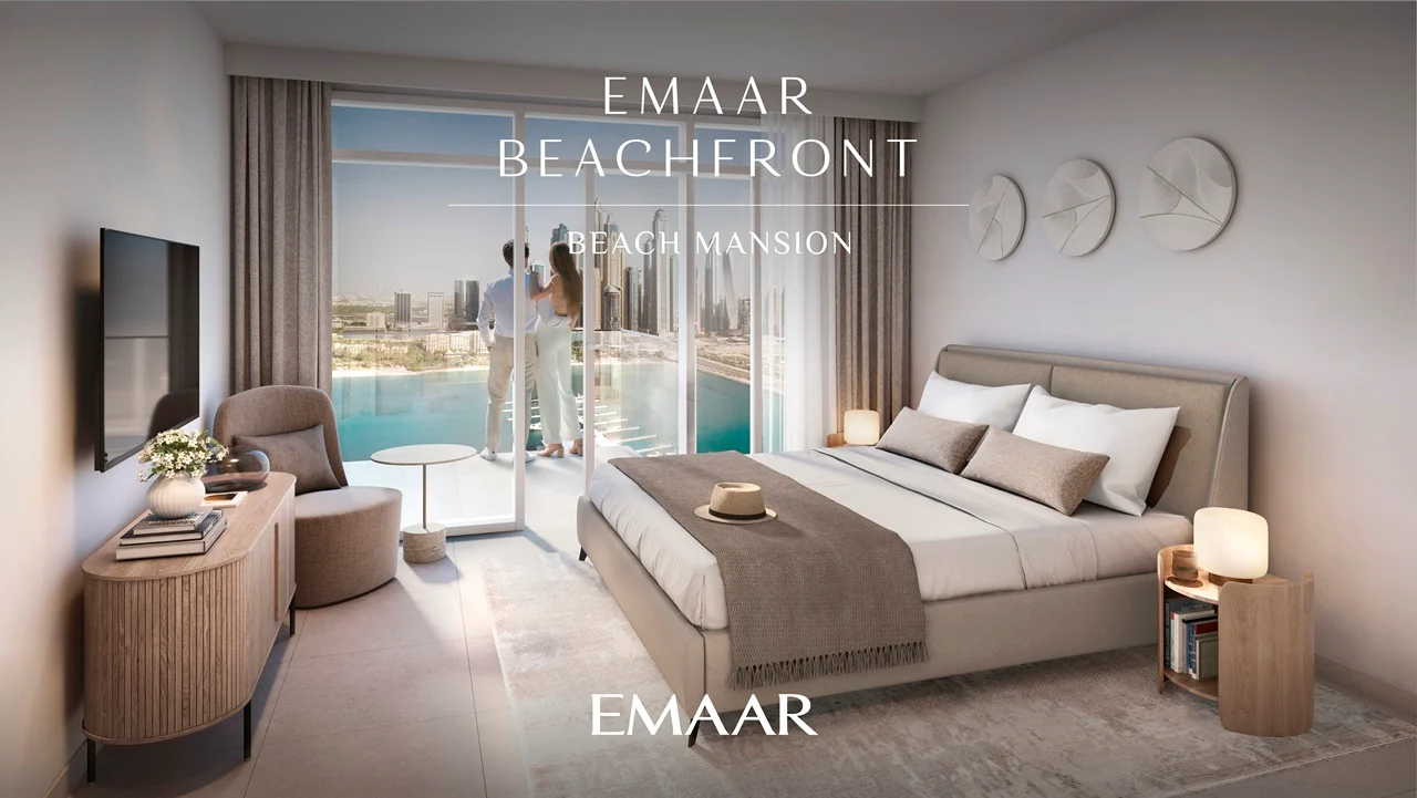 Beach Mansion at Emaar Beachfront by Emaar bedroom interior with balcony access and sea view in Dubai Presented by Tohid Fetrat