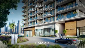 Beach Mansion at Emaar Beachfront by Emaar main entrance facade with landscaped driveway and waterfront skyline in Dubai Presented by Tohid Fetrat