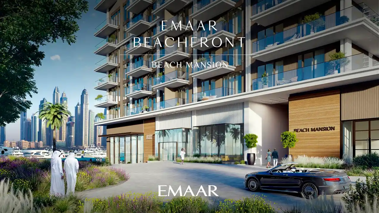 Beach Mansion at Emaar Beachfront by Emaar main entrance facade with landscaped driveway and waterfront skyline in Dubai Presented by Tohid Fetrat