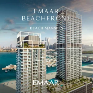 Beach Mansion at Emaar Beachfront by Emaar exterior towers overlooking the marina and waterfront in Dubai Presented by Tohid Fetrat