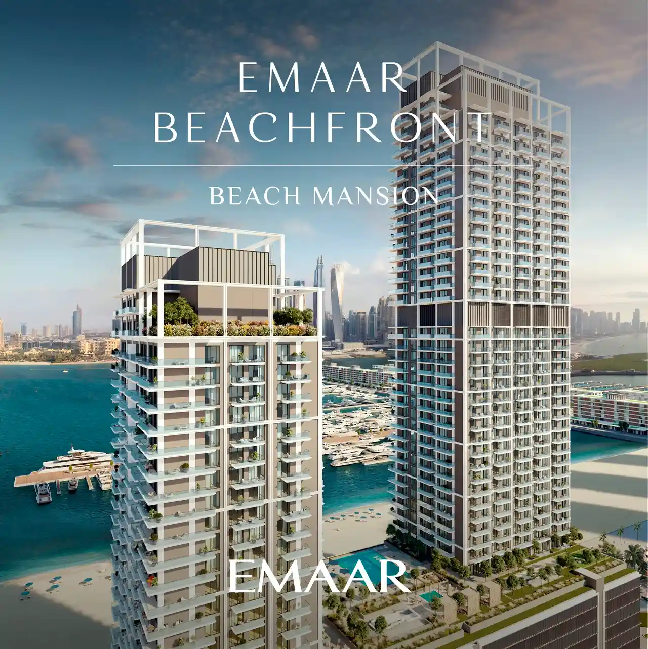 Beach Mansion at Emaar Beachfront by Emaar exterior towers overlooking the marina and waterfront in Dubai Presented by Tohid Fetrat