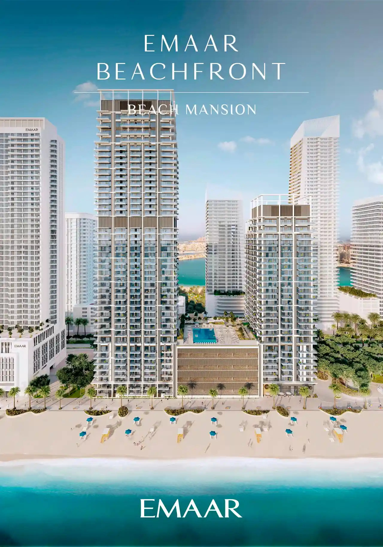 Beach Mansion at Emaar Beachfront by Emaar full building view with twin waterfront towers and private beach in Dubai Presented by Tohid Fetrat