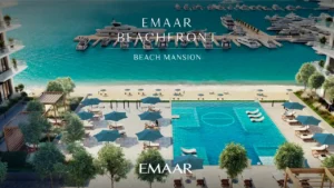 Beach Mansion at Emaar Beachfront by Emaar infinity pool overlooking the beach and marina waters in Dubai Presented by Tohid Fetrat