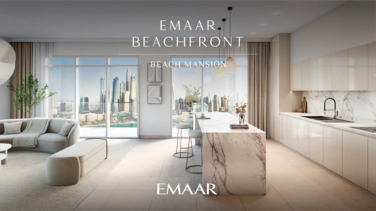 Beach Mansion at Emaar Beachfront by Emaar open plan living and kitchen interior with balcony skyline view in Dubai Presented by Tohid Fetrat