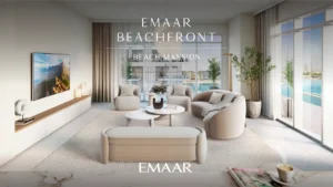 Beach Mansion at Emaar Beachfront by Emaar living room interior with floor to ceiling windows and waterfront view in Dubai Presented by Tohid Fetrat
