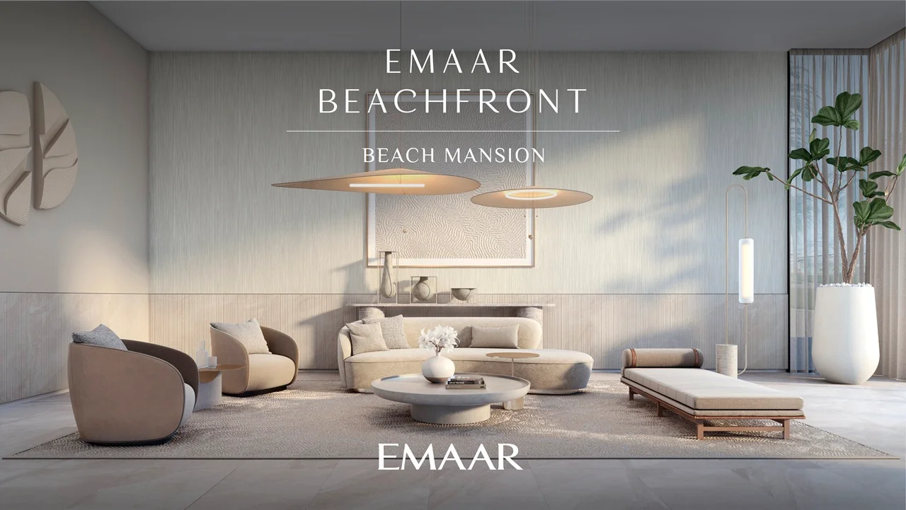 Beach Mansion at Emaar Beachfront by Emaar lounge interior with modern furniture soft tones and minimalist design in Dubai Presented by Tohid Fetrat