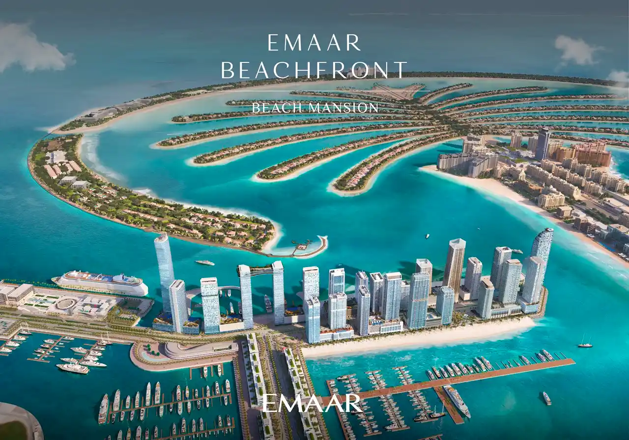 Beach Mansion at Emaar Beachfront by Emaar aerial view with Palm Jumeirah and surrounding waterfront skyline in Dubai Presented by Tohid Fetrat