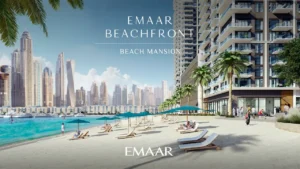 Beach Mansion at Emaar Beachfront by Emaar private beach with sun loungers palm trees and waterfront skyline in Dubai Presented by Tohid Fetrat