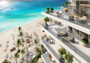 Beach Vista at Emaar Beachfront by Emaar balcony terraces overlooking sandy beach turquoise water and outdoor seating areas in Dubai - Presented by Tohid Fetrat