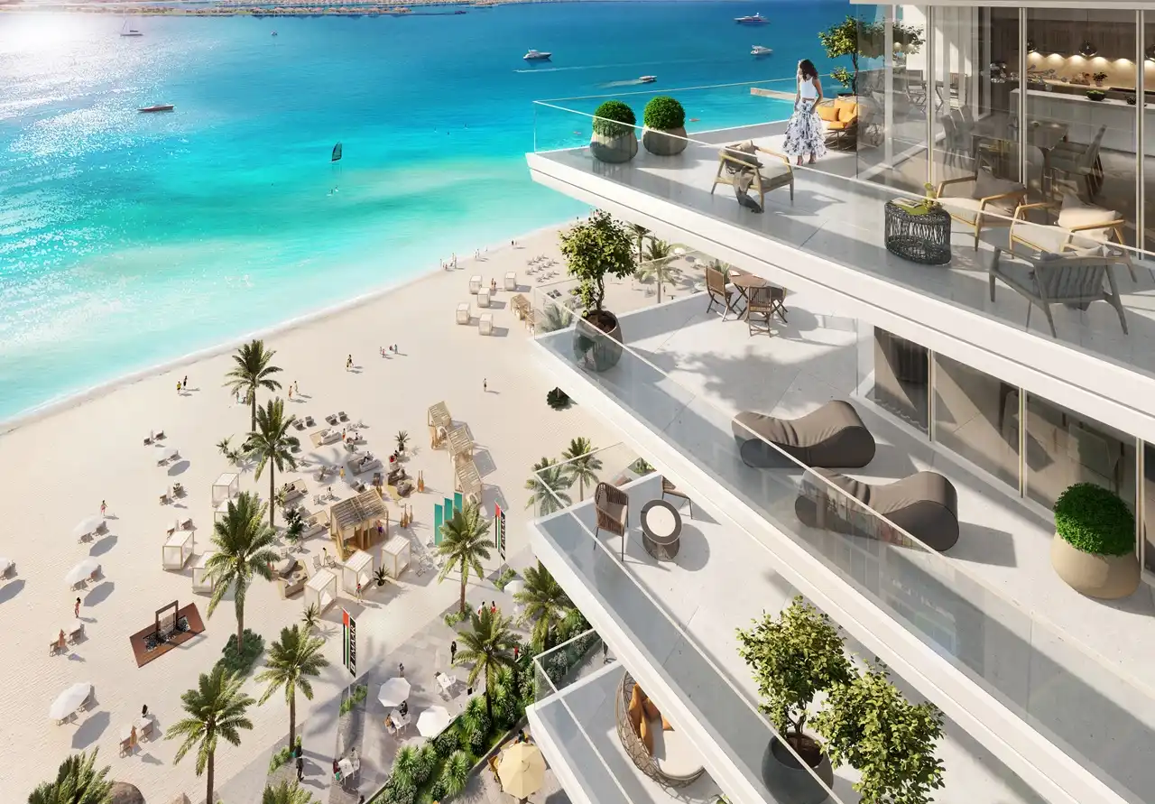 Beach Vista at Emaar Beachfront by Emaar balcony terraces overlooking sandy beach turquoise water and outdoor seating areas in Dubai - Presented by Tohid Fetrat