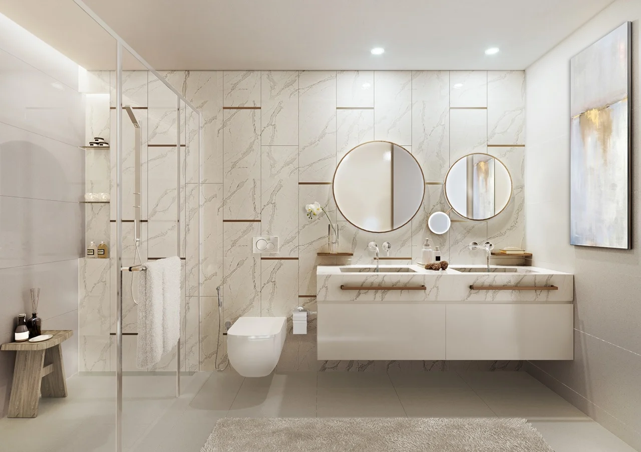 Beach Vista at Emaar Beachfront by Emaar modern bathroom interior with marble finishes double vanity mirrors and glass shower enclosure in Dubai - Presented by Tohid Fetrat