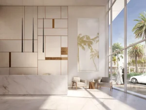Beach Vista at Emaar Beachfront by Emaar luxury lobby interior with marble reception desk seating area and floor to ceiling windows in Dubai - Presented by Tohid Fetrat