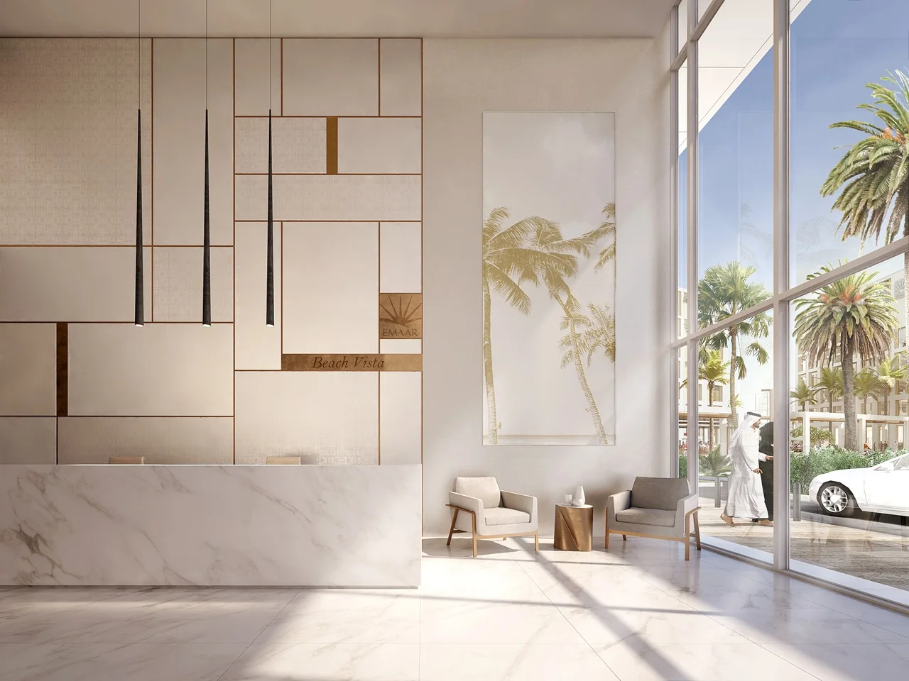 Beach Vista at Emaar Beachfront by Emaar luxury lobby interior with marble reception desk seating area and floor to ceiling windows in Dubai - Presented by Tohid Fetrat