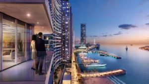 Beach Vista at Emaar Beachfront by Emaar balcony view overlooking marina yachts waterfront promenade and skyline at sunset in Dubai - Presented by Tohid Fetrat
