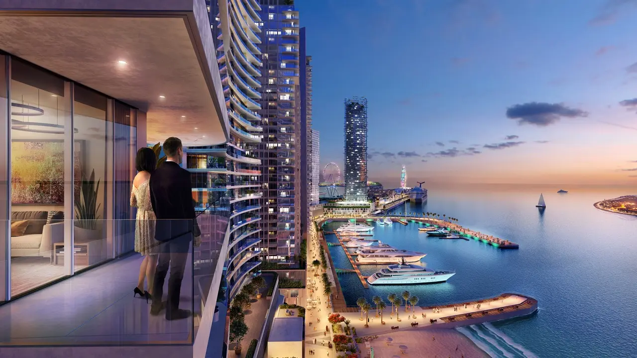 Beach Vista at Emaar Beachfront by Emaar balcony view overlooking marina yachts waterfront promenade and skyline at sunset in Dubai - Presented by Tohid Fetrat