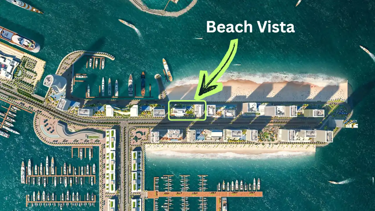 Beach Vista at Emaar Beachfront by Emaar location map highlighting the project position along the beachfront with marina and surrounding developments in Dubai - Presented by Tohid Fetrat