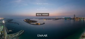 Beach Vista at Emaar Beachfront by Emaar real views over curved coastline marina and illuminated waterfront at sunset in Dubai - Presented by Tohid Fetrat