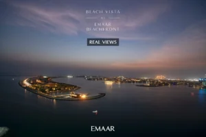 Beach Vista at Emaar Beachfront by Emaar real views over Palm coastline and illuminated waterfront skyline at sunset in Dubai - Presented by Tohid Fetrat