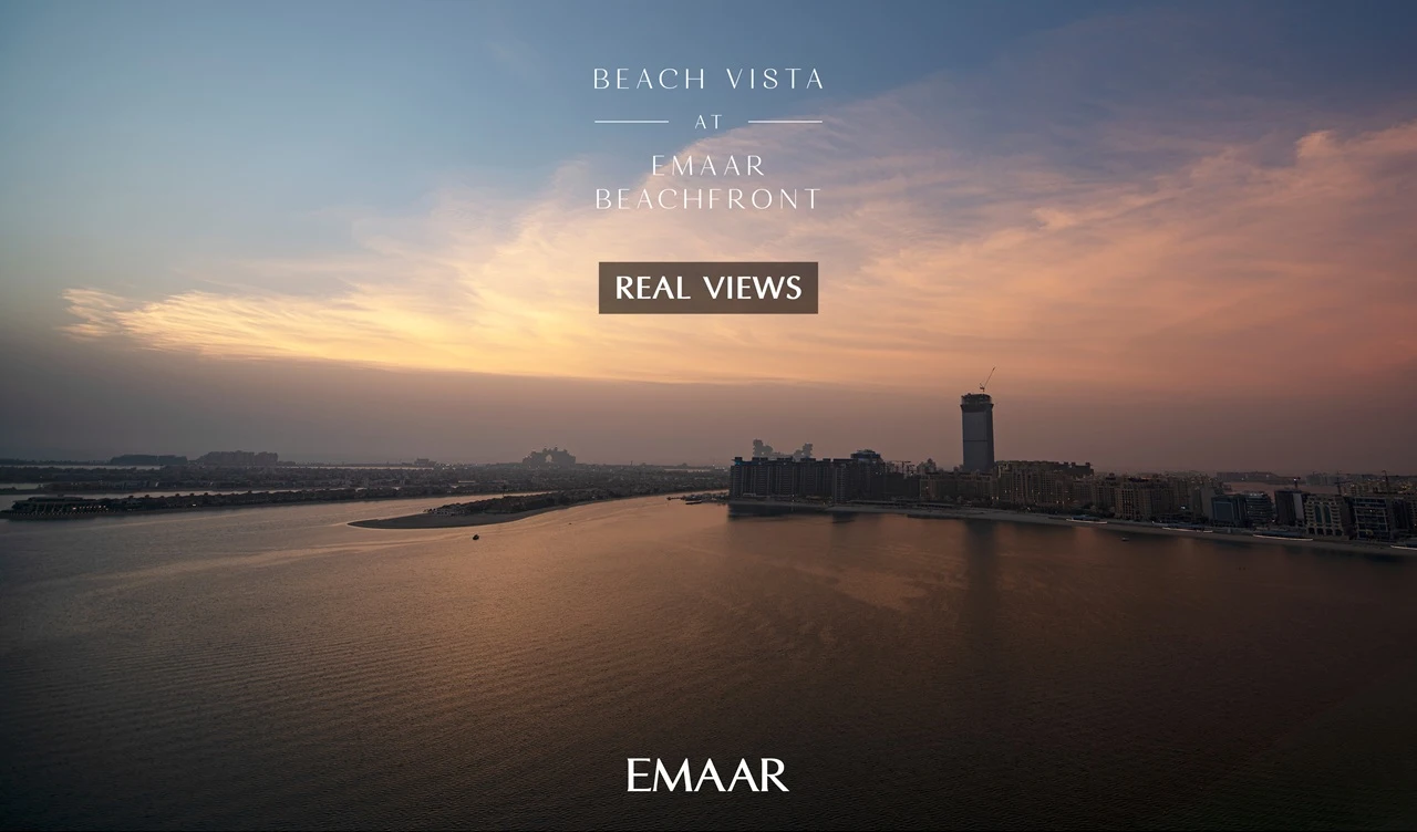 Beach Vista at Emaar Beachfront by Emaar real views of sunset over the Gulf with waterfront skyline and curved coastline in Dubai - Presented by Tohid Fetrat
