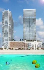 Beach Vista at Emaar Beachfront by Emaar twin towers facing the sea with sandy beach clear water and coastal skyline in Dubai - Presented by Tohid Fetrat