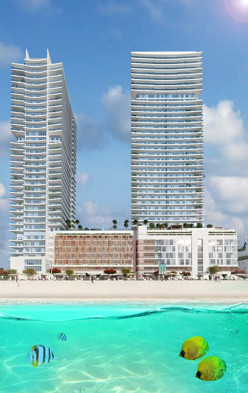 Beach Vista at Emaar Beachfront by Emaar twin towers facing the sea with sandy beach clear water and coastal skyline in Dubai - Presented by Tohid Fetrat