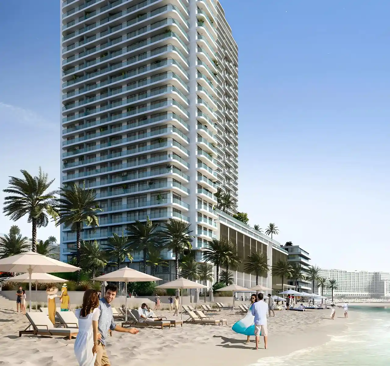 Beachgate by Address at Emaar Beachfront by Emaar beachfront tower with private sandy beach sun loungers and palm lined promenade in Dubai - Presented by Tohid Fetrat