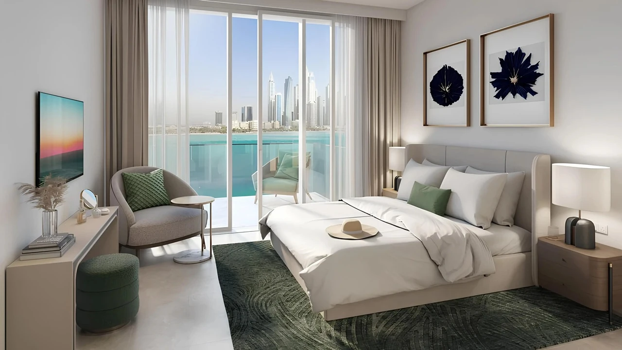 Beachgate by Address at Emaar Beachfront by Emaar bedroom interior with floor to ceiling windows balcony sea view and marina skyline in Dubai - Presented by Tohid Fetrat