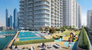 Beachgate by Address at Emaar Beachfront by Emaar podium infinity pool and family playground with marina skyline views in Dubai - Presented by Tohid Fetrat