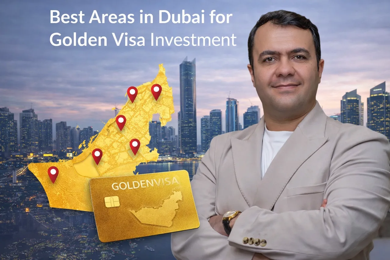 Best areas for Golden Visa Marina Views investment with Dubai map markers and skyline view Presented by Tohid Fetrat