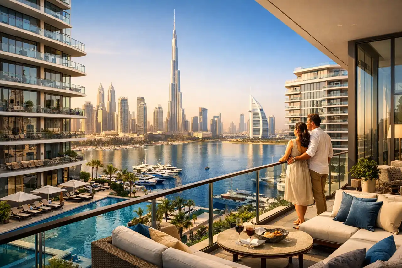 Luxury waterfront apartment balcony view in Downtown Dubai for Best Property Types for Dubai Golden Visa and Apartments for Dubai Golden Visa Investment with skyline and marina setting. Presented by Tohid Fetrat