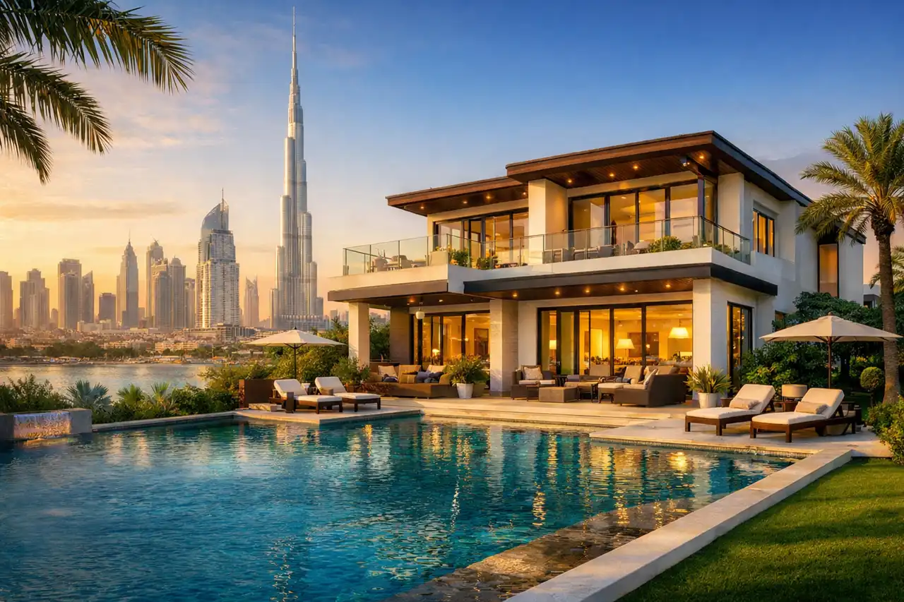 Luxury waterfront villa with private pool and Burj Khalifa skyline view in Downtown Dubai for Best Property Types for Dubai Golden Visa and Villas for Dubai Golden Visa Investment. Presented by Tohid Fetrat