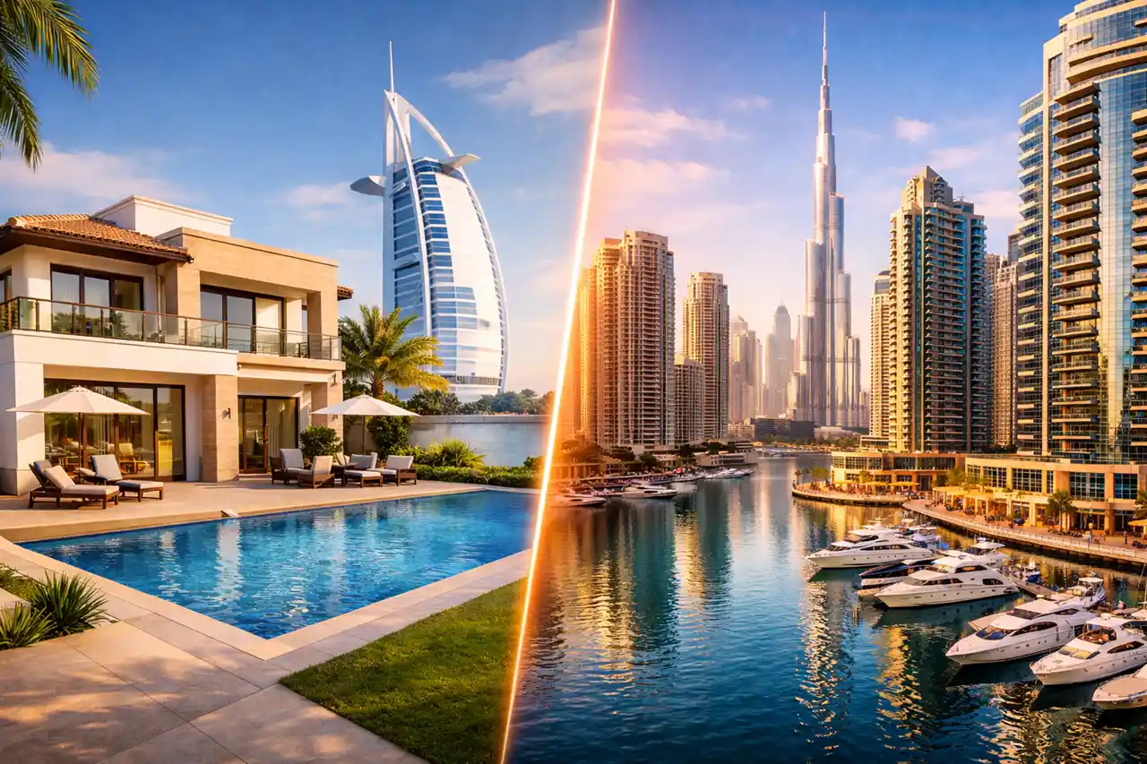 Best Property Types for Dubai Golden Visa visual showing luxury villa and waterfront apartment lifestyle with Dubai skyline and premium real estate options. Presented by Tohid Fetrat