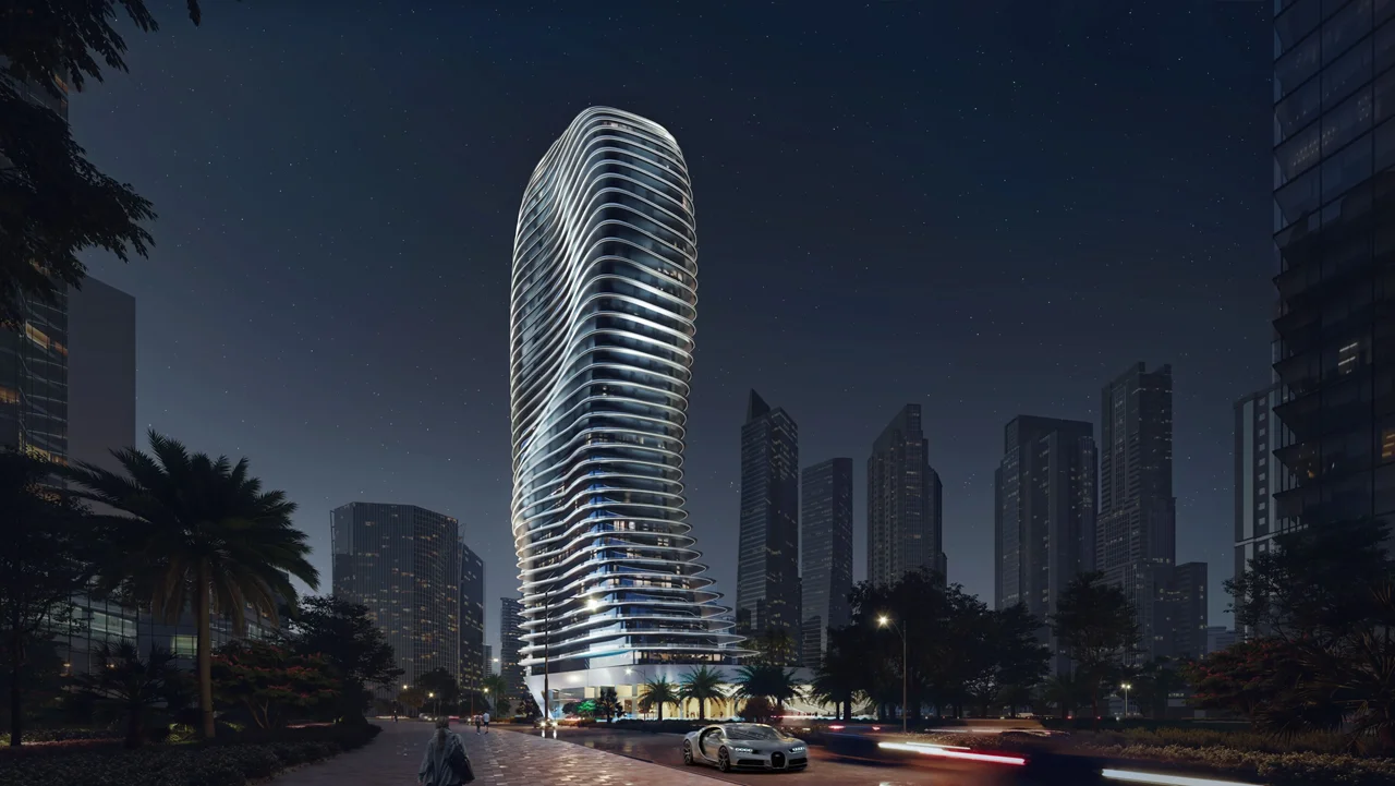 Bugatti Residences by Binghatti construction update May 2023 night exterior architecture view in Business Bay Dubai Presented by Tohid Fetrat