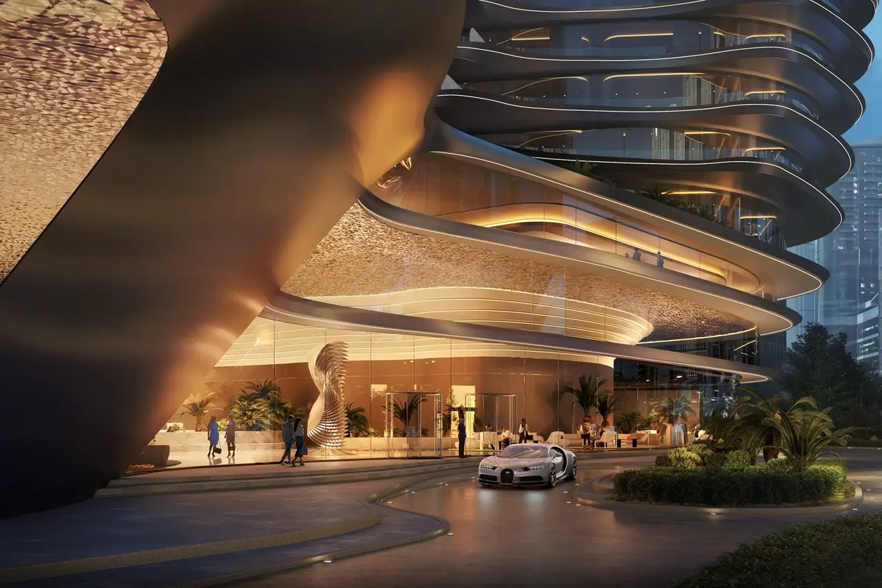 Bugatti Residences escrow account luxury entrance architecture with drop off area in Business Bay Dubai Presented by Tohid Fetrat