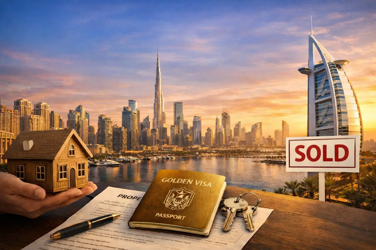 Can You Sell Property After Dubai Golden Visa visual showing sold property sign, Dubai skyline, Golden Visa passport, ownership documents and real estate transaction concept. Presented by Tohid Fetrat