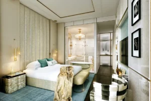 Cavalli Tower by DAMAC luxury bedroom interior with marble bathroom open layout and elegant finishes in Dubai - Presented by Tohid Fetrat