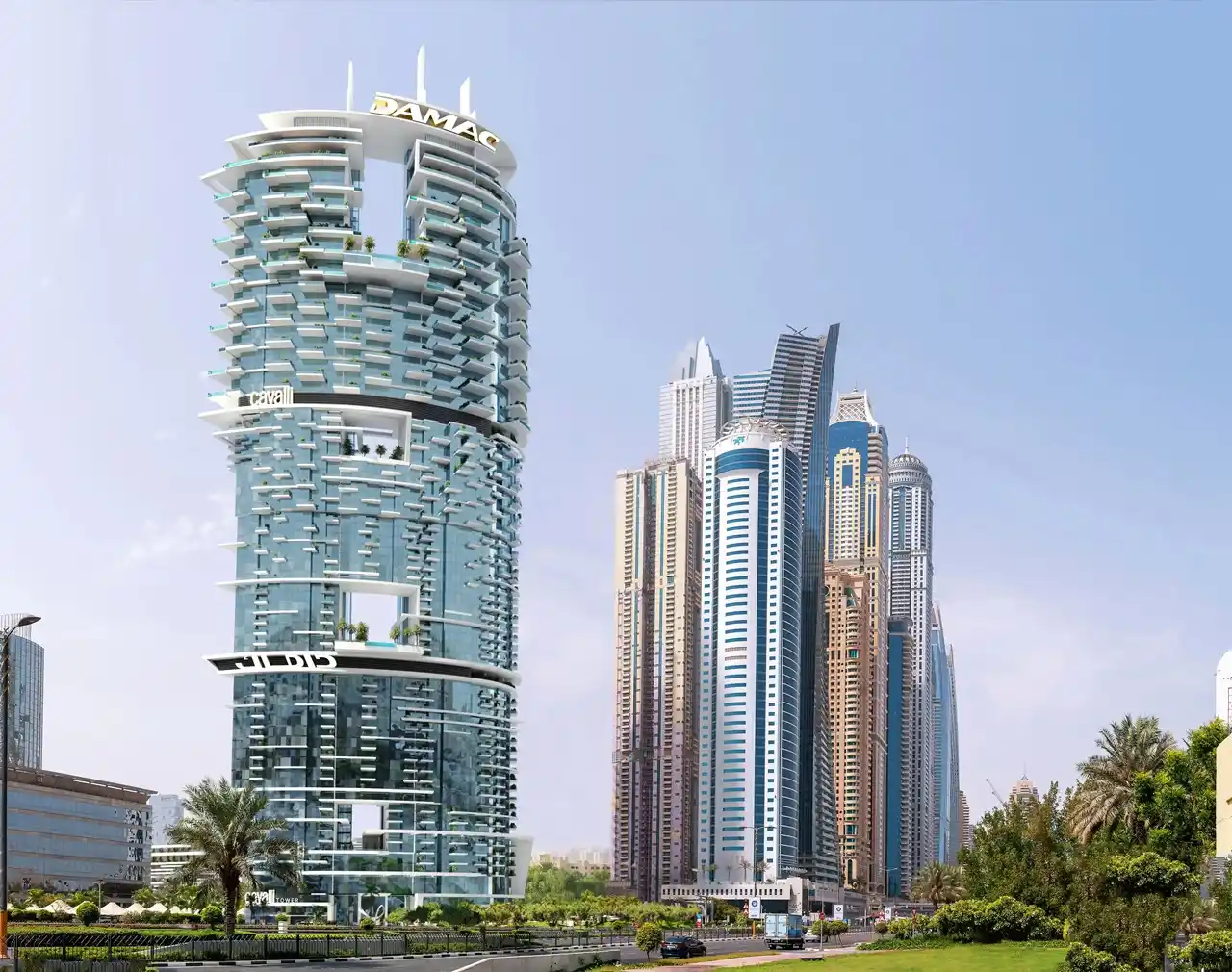 Cavalli Tower by DAMAC modern exterior architecture with curved balconies and glass facade in Dubai skyline - Presented by Tohid Fetrat