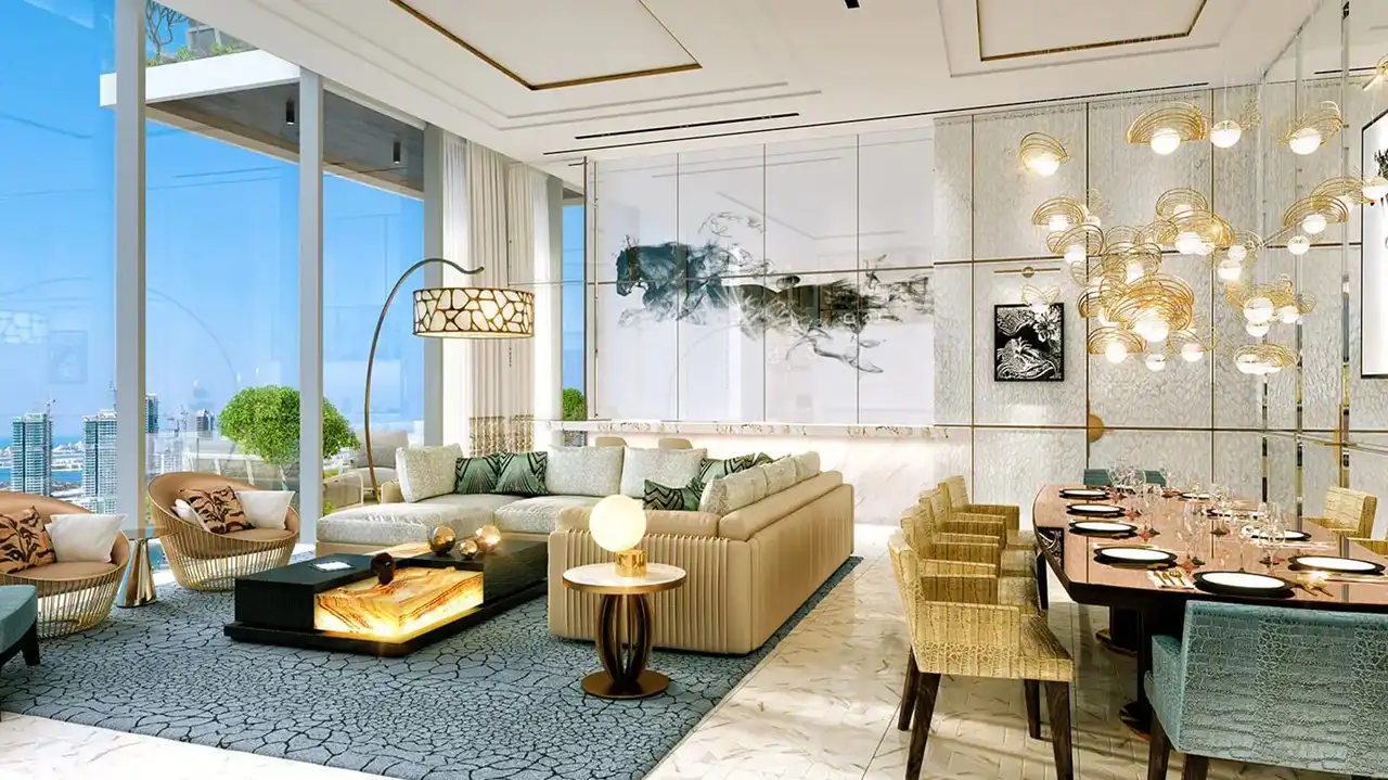Cavalli Tower by DAMAC luxury living and dining interior with sea view large windows and elegant finishes in Dubai - Presented by Tohid Fetrat