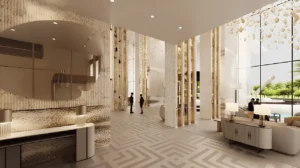 Cavalli Tower by DAMAC refined lobby interior with marble finishes gold accents and contemporary seating in Dubai - Presented by Tohid Fetrat