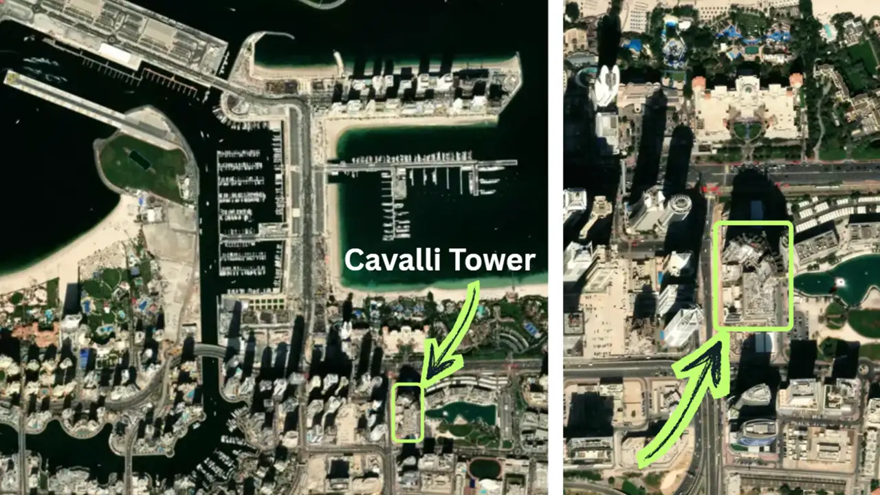 Cavalli Tower by DAMAC location map showing position within Al Sufouh and surrounding coastline in Dubai - Presented by Tohid Fetrat