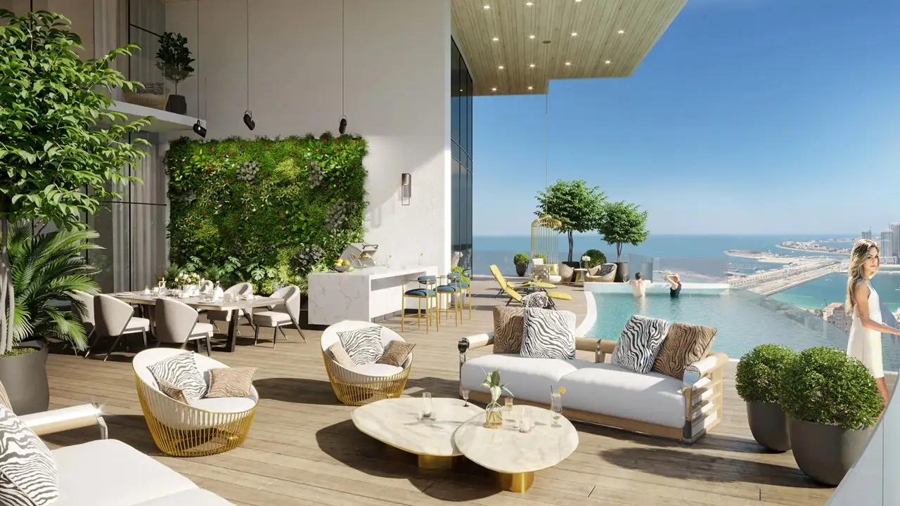 Cavalli Tower by DAMAC luxury terrace with infinity pool sea view outdoor seating and greenery in Dubai - Presented by Tohid Fetrat