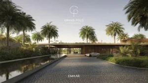 Chevalia Estate 2 at Grand Polo Club & Resort by Emaar community entrance with palm lined driveway water feature and resort style arrival experience in Dubai Presented by Tohid Fetrat