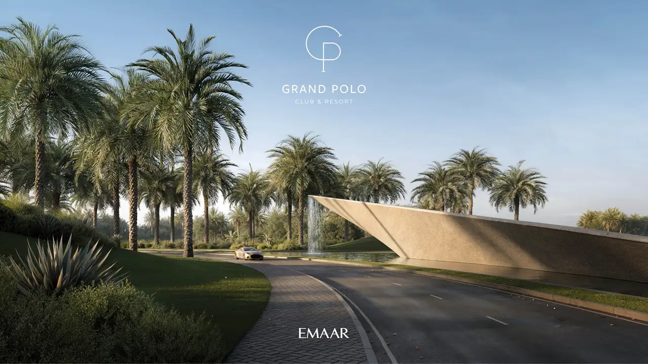 Chevalia Estate 2 at Grand Polo Club & Resort by Emaar entry road with sculptural waterfall wall palm lined landscape and elegant arrival setting in Dubai Presented by Tohid Fetrat