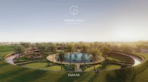 Chevalia Estate 2 at Grand Polo Club & Resort by Emaar equestrian arena with circular track central water feature palm landscaping and walking paths in Dubai Presented by Tohid Fetrat