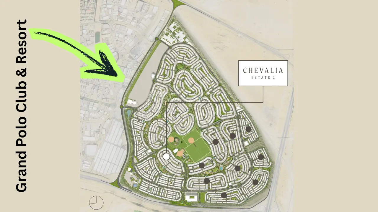 Chevalia Estate 2 at Grand Polo Club & Resort by Emaar masterplan location map showing community layout surrounding neighborhoods and central green polo fields in Dubai Presented by Tohid Fetrat