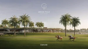 Chevalia Estate 2 at Grand Polo Club & Resort by Emaar polo clubhouse view with expansive green field palm trees and equestrian lifestyle setting in Dubai Presented by Tohid Fetrat