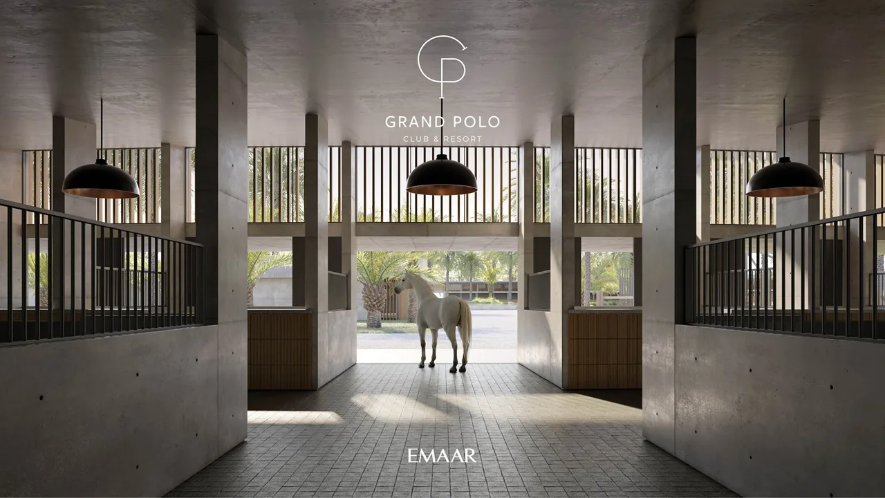 Chevalia Estate 2 at Grand Polo Club & Resort by Emaar stable courtyard view with modern horse stalls open central passage and elegant equestrian design in Dubai Presented by Tohid Fetrat